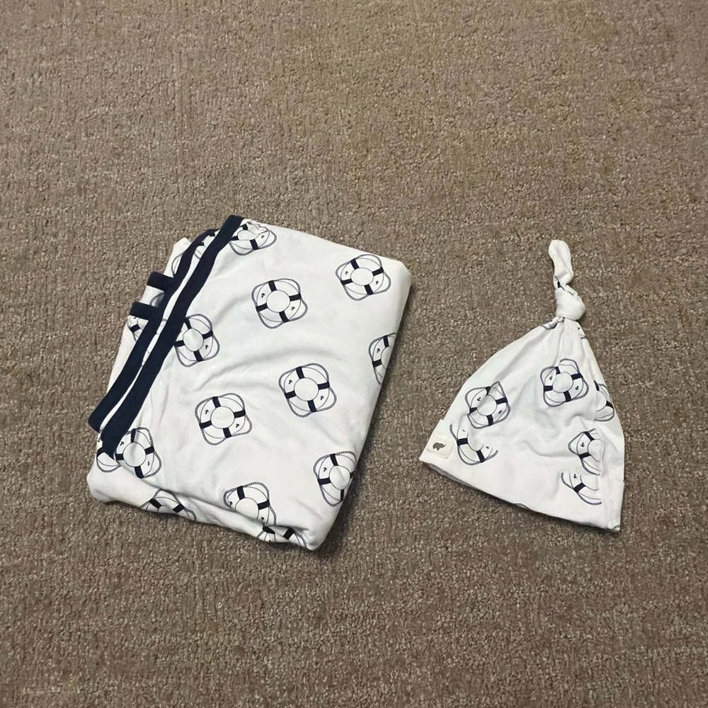 Monica & Andy Coming Home Blanket, Matching Baby Hat Nautical Life Saver Print